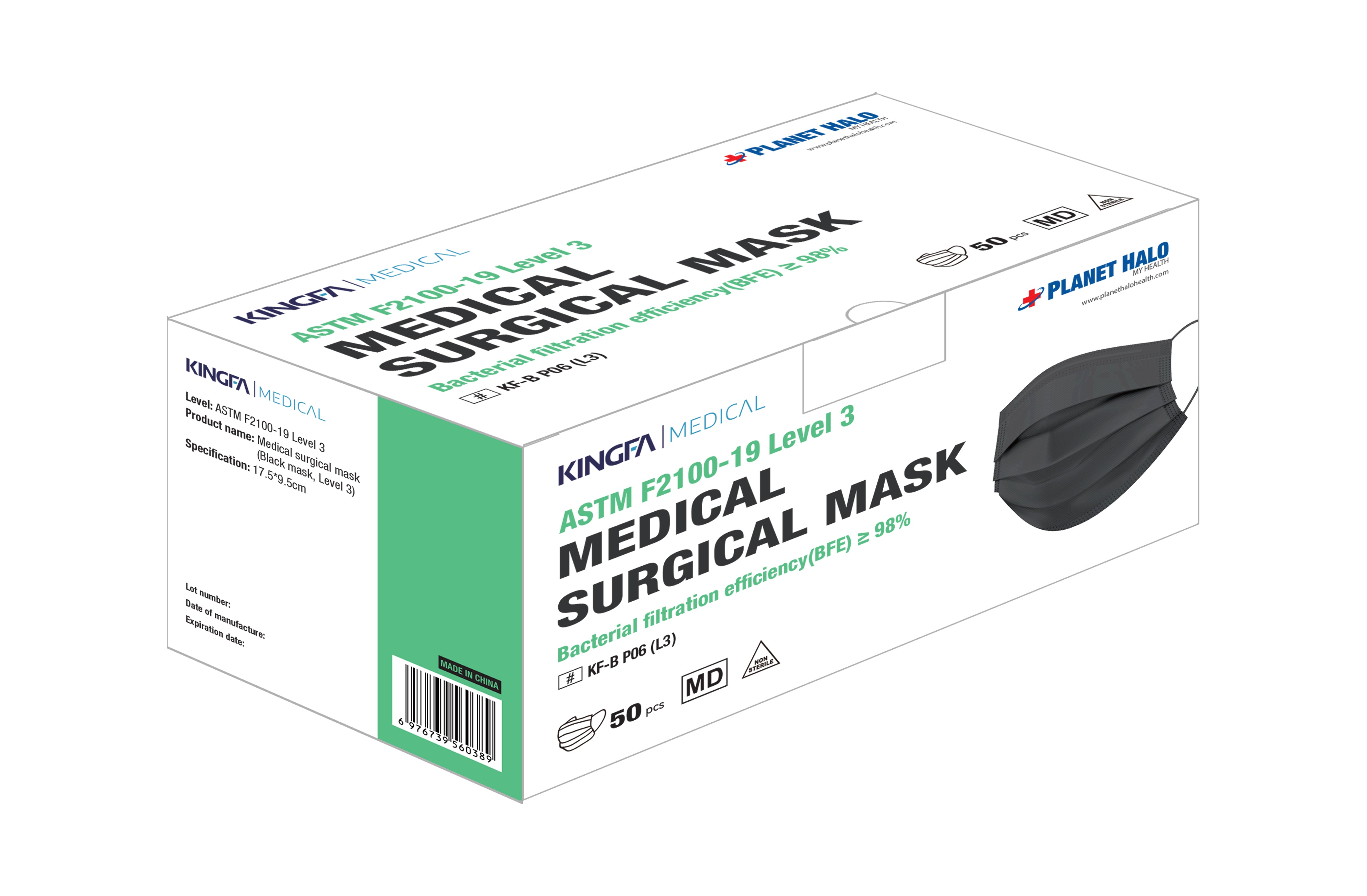 KingFa Black 3PLY Surgical Medical Grade Mask - ASTM Level 3 Disposable - 50ct / box