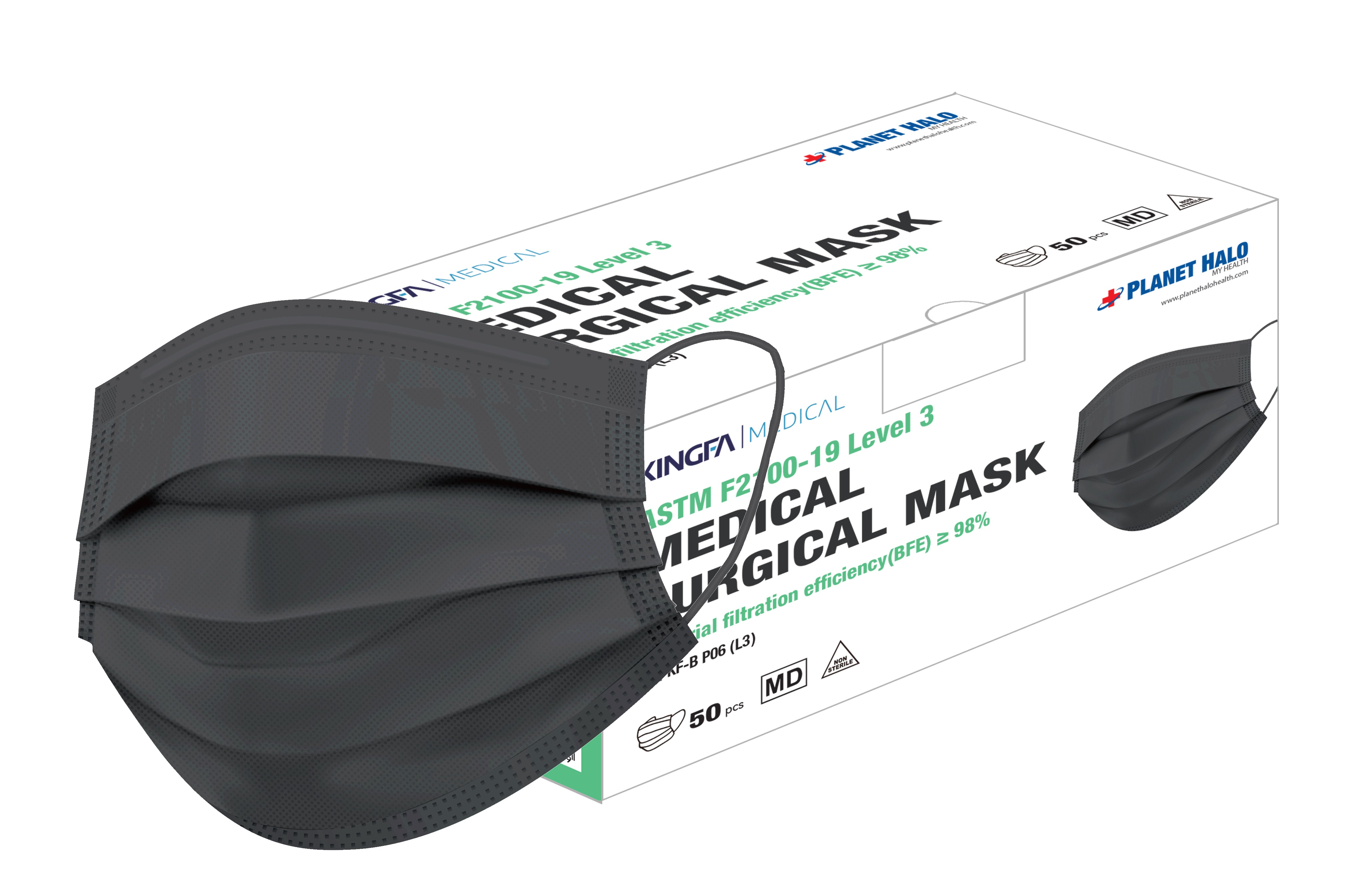 KingFa Black 3PLY Surgical Medical Grade Mask - ASTM Level 3 Disposable - 50ct / box