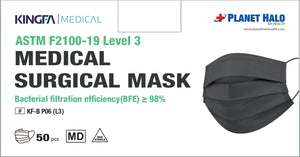 KingFa Black 3PLY Surgical Medical Grade Mask - ASTM Level 3 Disposable - 50ct / box